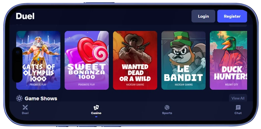 Mobile games on Duel Casino apk